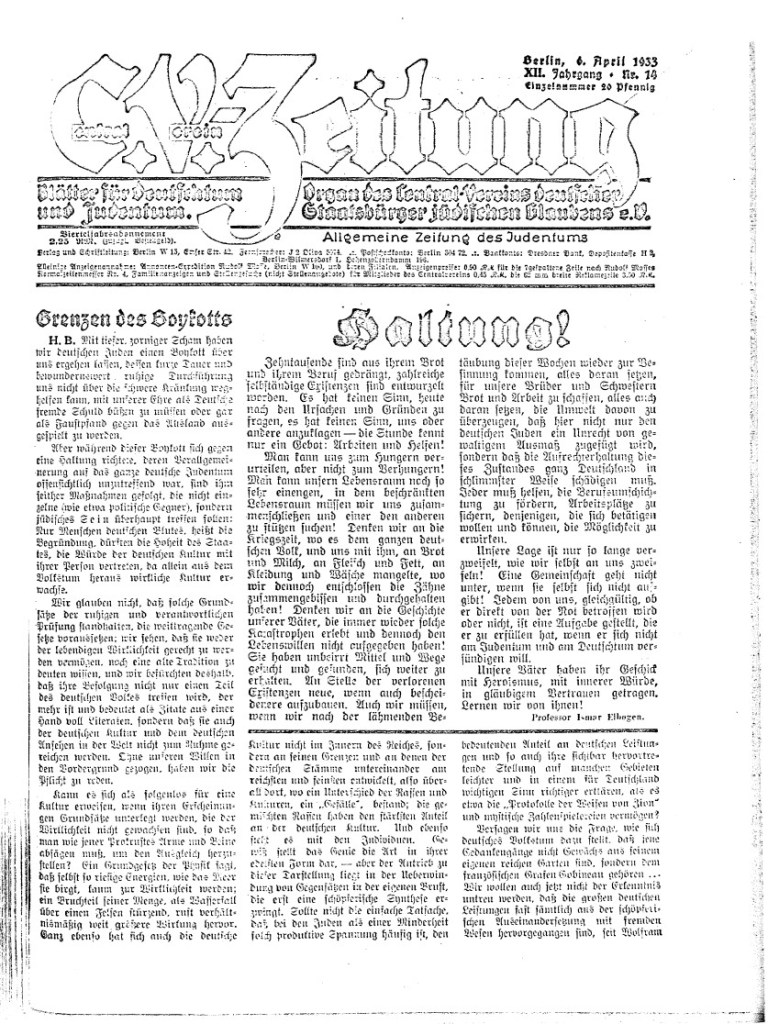 Die C.V.-Zeitung vom 6. April 1933, erste Ausgabe nach dem Boykott jüdischer Geschäft vom 1. April 1933